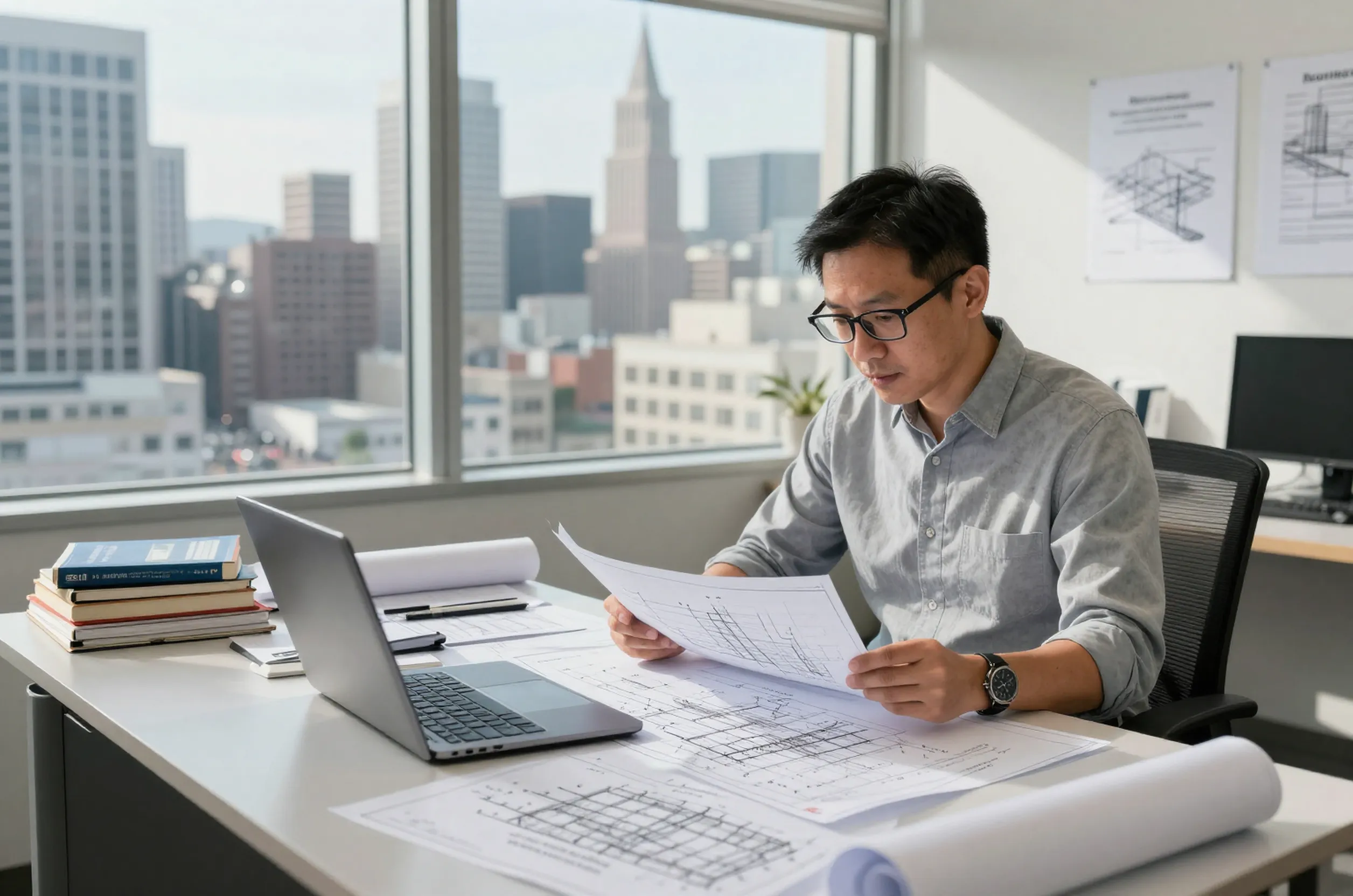 Asian structural engineer reviews seismic retrofit plans for SF concrete building safety, in a cluttered high-rise office.