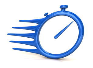 A blue-colored forward-leaning clock which implies a quick turnaround time for our projects.